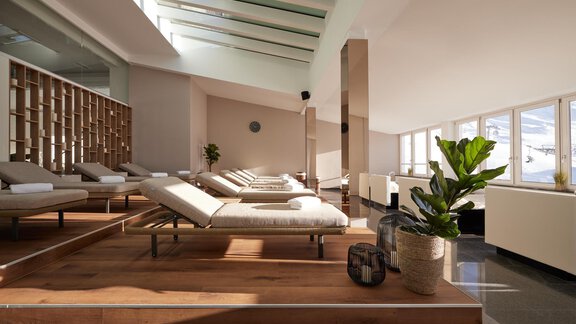 Ein eleganter Wellnessbereich mit Liegen und großen Fenstern. Die moderne Einrichtung schafft eine entspannende Atmosphäre. - TOP Hotel Hochgurgl - Hochgurgl
