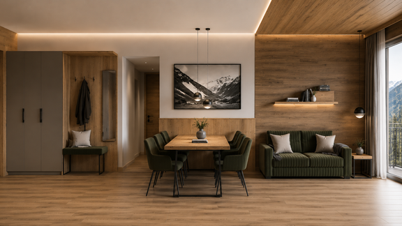 A modern living room with a large window front. The room features a dining table set and a cozy sofa bed. - Bergliebe Gurgl - Obergurgl 