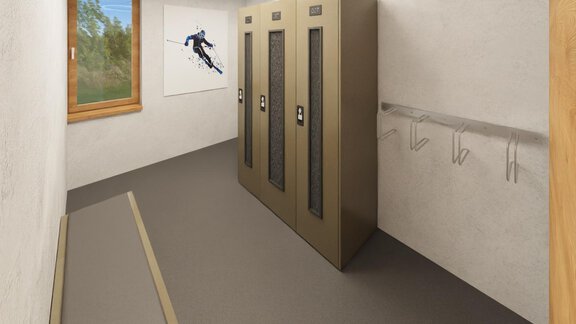 A modern changing room with four metal lockers and a bench. A window offers a view of nature and a sports picture hangs on the wall. - Bergliebe Gurgl - Obergurgl 