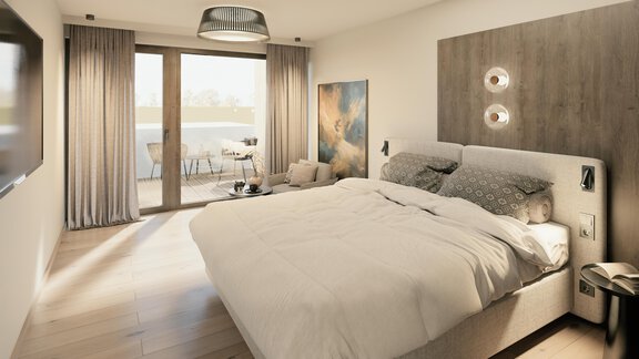 A modern bedroom with a large bed and elegant furnishings.  
Large windows provide plenty of daylight and access to a balcony. - Ferienwohnung de Luxe Alpenresidenz am Mühlbach - Obergurgl 