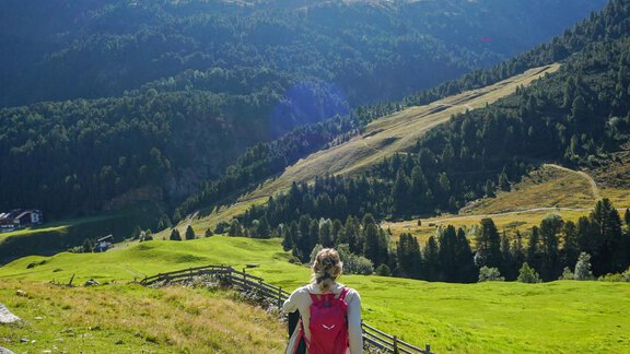 A hiker is sitting on a rock, looking at the mountains. The sky is clear and the landscape is green and hilly. - Hotel Alt Vent - Tyrol - Vent