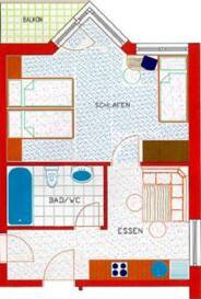 A simple apartment floor plan with two bedrooms, one bathroom, and a living area. The floor plan shows the arrangement of the rooms and furniture pieces. - Ferienwohnung Romana - Obergurgl 