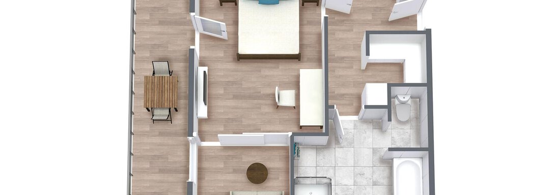 Eine schematische Darstellung einer Wohnung mit einem Schlafzimmer, einem Wohnzimmer und einem Badezimmer. Der Raum hat einen modernen Grundriss und Holzböden. - TOP Hotel Hochgurgl - Hochgurgl