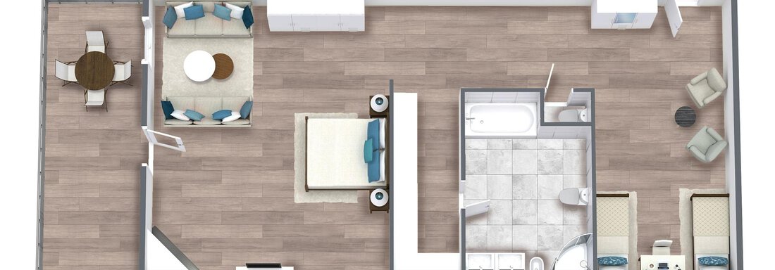 Eine moderne Wohnung mit einem offenen Wohnbereich, Schlafraum und zwei Sitzbereichen. Die Einrichtung ist hell und freundlich gestaltet. - TOP Hotel Hochgurgl - Hochgurgl