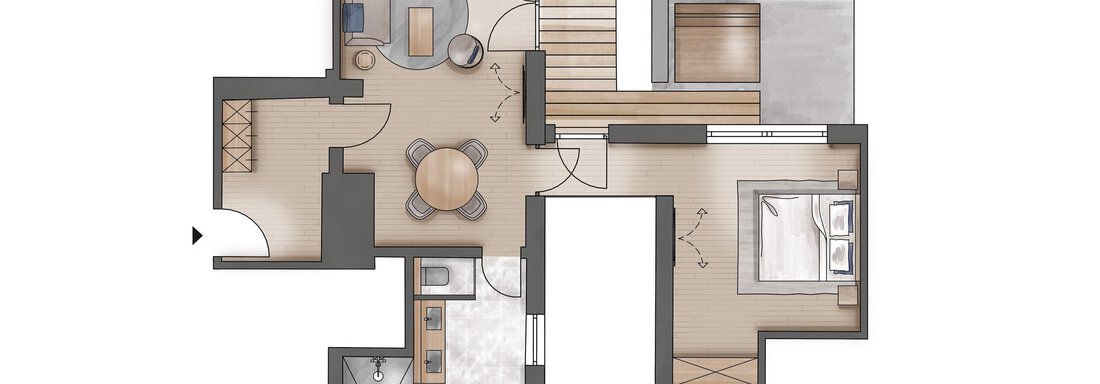 Eine Grundrisszeichnung einer Wohnung mit einem offenen Wohn- und Essbereich, Schlafzimmer und Küche. Die Räume sind funktional angeordnet und gut durchdacht. - TOP Hotel Hochgurgl - Hochgurgl