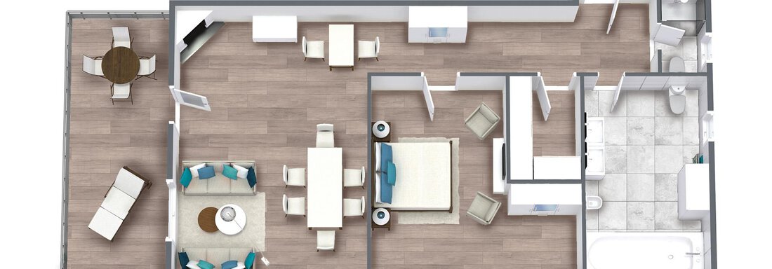 Ein übersichtlicher Grundriss einer Wohnung mit einem Wohnbereich, Essbereich und Küchenzeile. Die Räume sind modern eingerichtet und gut strukturiert. - TOP Hotel Hochgurgl - Hochgurgl