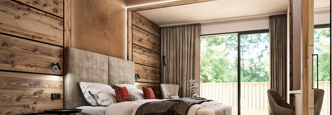 Ein modernes Schlafzimmer mit Holzwänden und einem großen Fenster. Das Bett ist mit gemütlichen Kissen dekoriert und es gibt Möbel in warmen Farben. - Hotel Tauferberg - Niederthai