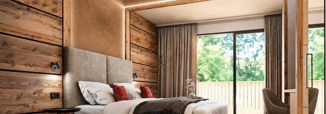 Ein modern eingerichtetes Schlafzimmer mit Holzverkleidung und einem großen Fenster. Das Bett ist gemütlich und hat rustikale Akzente. - Hotel Tauferberg - Niederthai