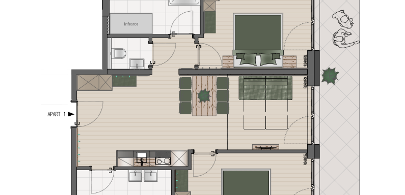 Skizze Appartement 1 | © Bergliebe Gurgl (CC C) Eine Grundrisszeichnung einer Wohnung mit zwei Schlafzimmern und einem offenen Wohnbereich. Die Küche ist direkt verbunden und es gibt zwei Bäder, die funktionell gestaltet sind. - Bergliebe Gurgl - Obergurgl