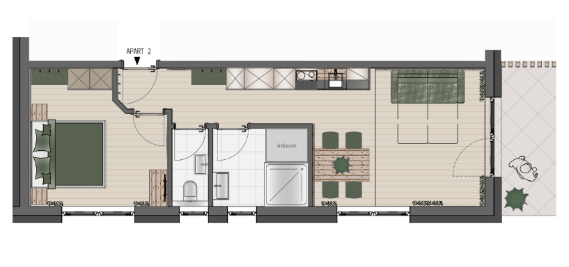 Skizze Appartement 2 Die Grundrisszeichnung zeigt eine moderne Wohnung mit einem offenen Wohnbereich und zwei Schlafzimmern. Es gibt eine Küche, ein Badezimmer und eine Terrasse. - Bergliebe Gurgl - Obergurgl