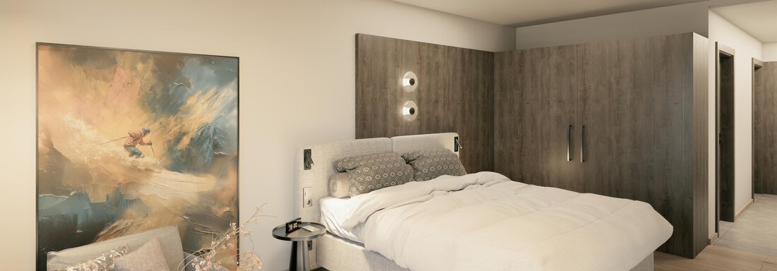 Doppelzimmer Komfort A modern bedroom with a large bed and stylish furniture. On the wall hangs a piece of artwork that decorates the space. - Ferienwohnung de Luxe Alpenresidenz am Mühlbach - Obergurgl