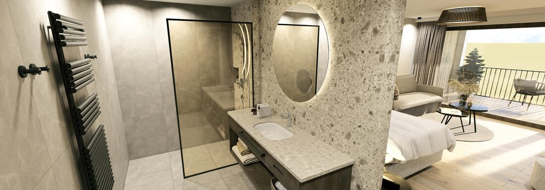 A modern bathroom with a stylish shower and an elegant sink. In the background, a cozy sleeping area is visible. - Ferienwohnung de Luxe Alpenresidenz am Mühlbach - Obergurgl 