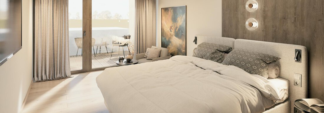 A modern bedroom with a large bed and soft colors. There is a balcony with seating and plenty of daylight. - Ferienwohnung de Luxe Alpenresidenz am Mühlbach - Obergurgl 