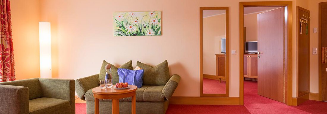 A cozy living area with two armchairs and a table. A colorful painting hangs on the wall, and the floor is covered with a red carpet. - Vivea 4* Hotel Umhausen im Ötztal - Umhausen